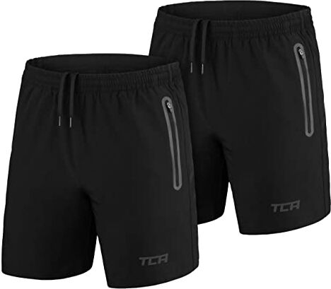 TCA Elite Tech Pantaloncini Corti Uomo Sportivi da Corsa con Tasche Laterali con Zip Nero/Nero + Nero/Nero, S