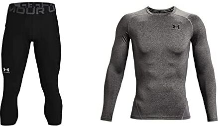 Under Armour UA HG 3/4, Leggings Uomo, Black White, L & HeatGear, Maglietta a Maniche Lunghe, Uomo, Grigio (Carbon Heather/Black), L