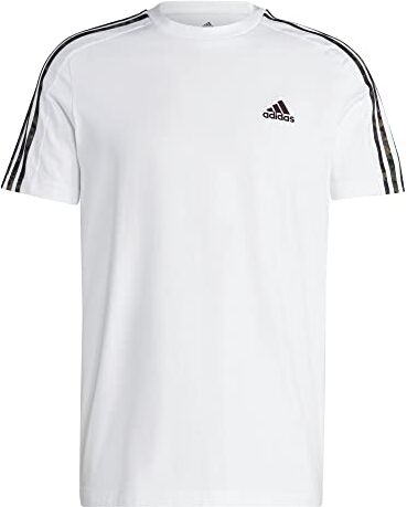 Adidas Essentials Single Jersey 3-Stripes T-Shirt, Maglietta a Maniche Corte Uomo, White/Olive Strata, M