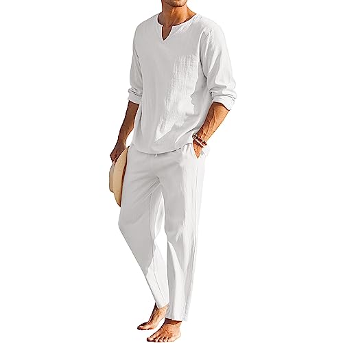 Geagodelia Completo Estivo da Uomo 2 Pezzi Casual per Spiaggia Tuta Completa in Cotone e Lino Maglietta a Manica Lunga + Pantaloni con Coulisse Set Uomini (Bianco, L)