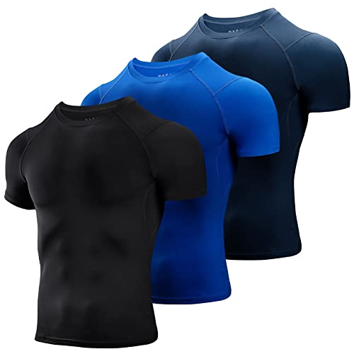 Niksa 3 Pezzi Maglietta Uomo，Maglia a Manica Corta Traspirante Asciugatura Rapida Compression da Uomo Sport per Correre Jogging Fitness Palestra, Nero-Blu-Navy, Taglia XL