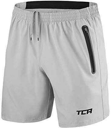 TCA Elite Tech Pantaloncini Corti Uomo Sportivi da Corsa con Tasche Laterali con Zip Grigio Chiaro/Nero, M