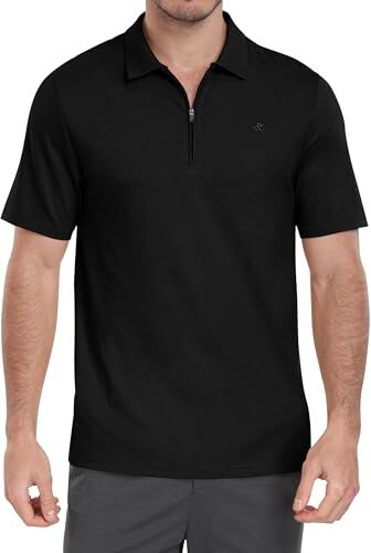 MoFiz Polo con Cerniera Uomo Manica Corta Maglietta Estate Camicia Traspirante Sportiva Golf Lavoro Top Nero EU XL