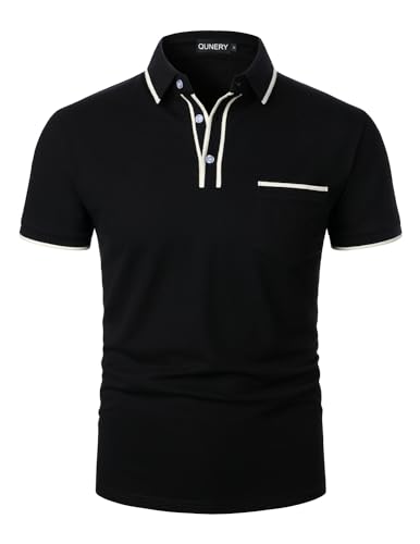 QUNERY Polo Uomo Manica Corta Contrasto vestibilità Regolare Tennis Golf Poloshirt Nero XL
