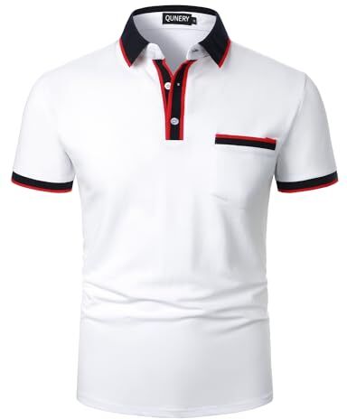 QUNERY Polo Uomo Manica Corta Contrasto vestibilità Regolare Tennis Golf Poloshirt Bianco S