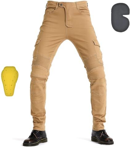 oFzimTo Pantaloni Moto Uomo con Protezion, Jeans Moto Elastico, Invernale/Estivo, Vari Colori Disponibili (Khaki,L)