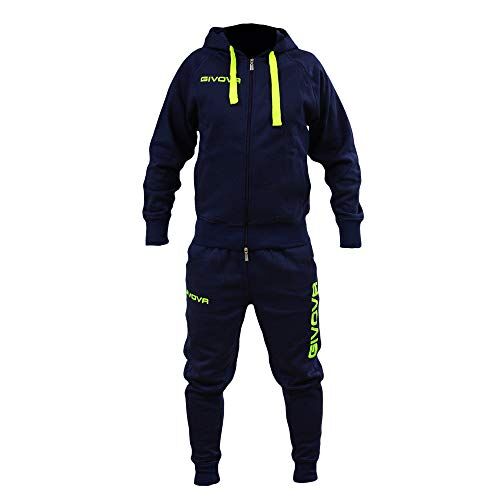 Perseo Sport Tuta Givova PS_LF21 Cotone Felpato Con Cappuccio Fitness Relax Training Calcio Volley Basket (L, Blu/Giallo Fluo)