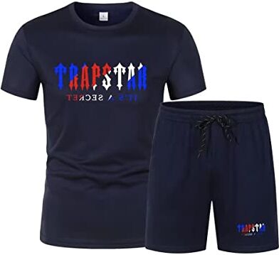 LIAOPUFUS Tuta da Trapstar Nuovo Modello Uomo Estiva T-shirt Stile Mesh TraspiranteTrapstar Maglietta con Pantaloncini Logo Lettera in 2 Pezzi Estiva (3 blu navy+blu navy-2, S)