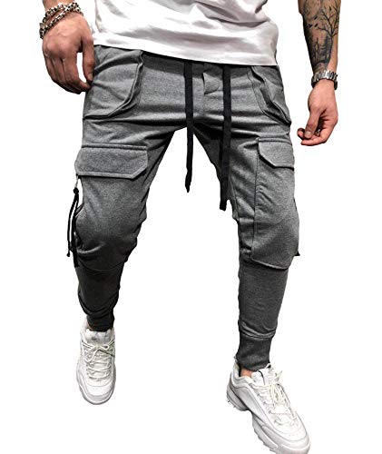 SOMTHRON Pantaloni da uomo con tasche stile cargo, in cotone, elasticizzati, sportivi e casual, vestibilità slim fit, Grigio-6, M