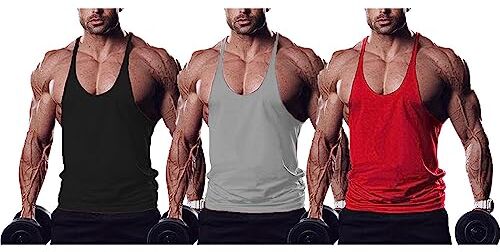 Ychnaim Canottiere da Uomo Muscle Gym Stringer per Allenamento Bodybuilding Sport Vest Racerback Cotton Color Nero+Grigio+Rosso Size S