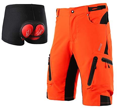 ARSUXEO Pantaloncini da Ciclismo da Uomo dalla vestibilità Ampia MTB Pantaloni Sportivi Outdoor idrorepellenti con 7 Tasche 1202 001B Arancione XXL