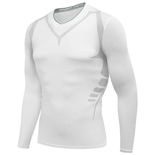 AMZSPORT Maglia a Compressione a Maniche Lunghe da Uomo con Strato di Base per Allenamento in Corsa, Bianca, s