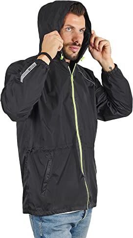 PERLETTI Giacca Impermeabile Uomo Antivento Leggera Impermeabile Pioggia Trench con Cappuccio e Dettagli Catarifrangenti Uomo Antipioggia Giacca a Vento Corsa Trekking Outdoor (L, Nero)