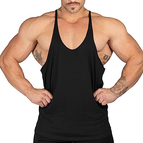 Ychnaim Canottiere da Uomo Muscle Gym Stringer per Allenamento Bodybuilding Sport Vest Racerback Cotton Color Nero Size S