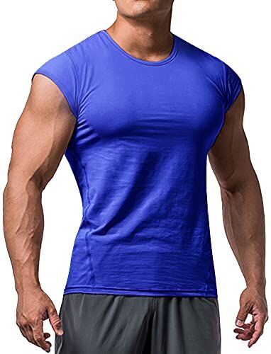 Muscle Alive Uomo Atletico Magliette Tees Corto Manica Muscolo Taglio per Bodybuilding Allenarsi Formazione Fitness Top Equipaggio Collo Cotone Blu XXL