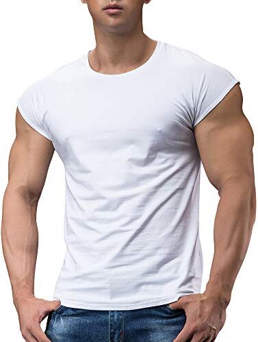 Muscle Alive Uomo Atletico Magliette Tees Corto Manica Muscolo Taglio per Bodybuilding Allenarsi Formazione Fitness Top Equipaggio Collo Cotone Bianca S