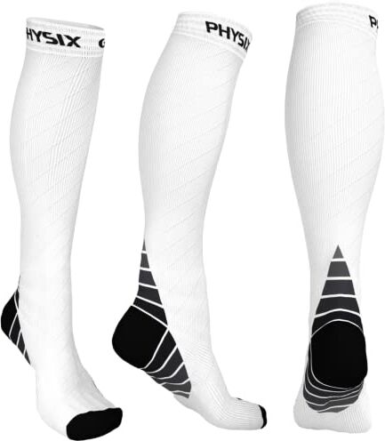 Physix Gear Sport Calze compressione graduata uomo e donna (20-30 mmHg) Calze elastiche sportive per circolazione, vene varicose, gravidanza, antitrombo, ciclismo, running, aereo BIANCO XXL