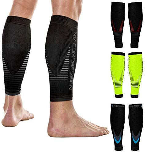 NV Compression Race And Recover Fasce di Compressione per Polpacci (Fluo Yellow/Black Stripes, S-M (12-16" / 30-41cm))