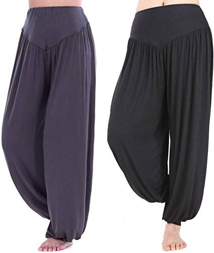 HOEREV Super Doux Spandex Pantalone Modale Harem Yoga Pilates,Nero + Grigio Scuro 2 Paia,XL