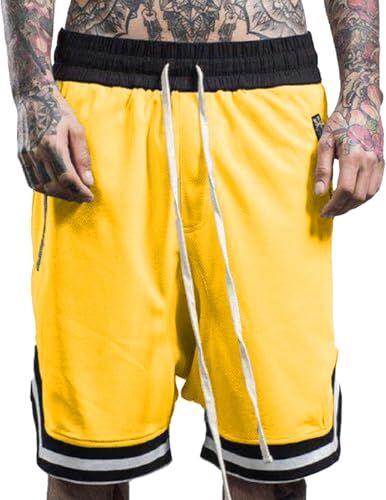 Plilima Pantaloncini da basket da uomo, traspiranti, leggeri, in rete, ad asciugatura rapida, con tasche con cerniera, Giallo, XL