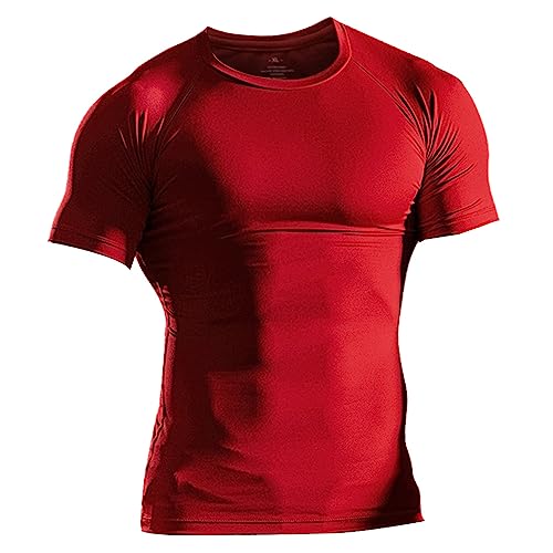 Muscle Alive Uomo Magro Stretto Compressione Livello Base Manica Corta Maglietta Bodybuilding Top Poliestere e Spandex Rosso XXL