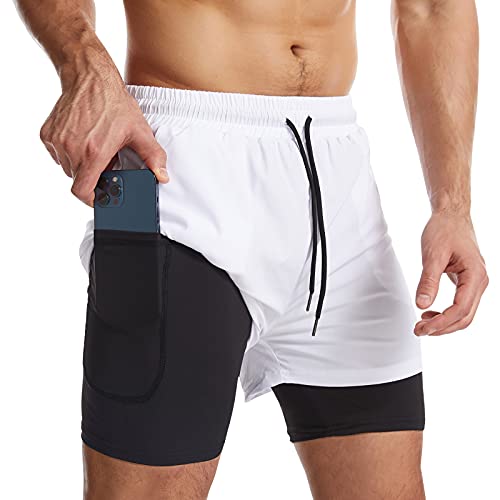 Danfiki Pantaloncini Sportivi da Uomo Running Shorts Asciugatura Rapida con Tasca per Jogging Tennis Fitness Allenamento 2 in 1,Bianca,XL