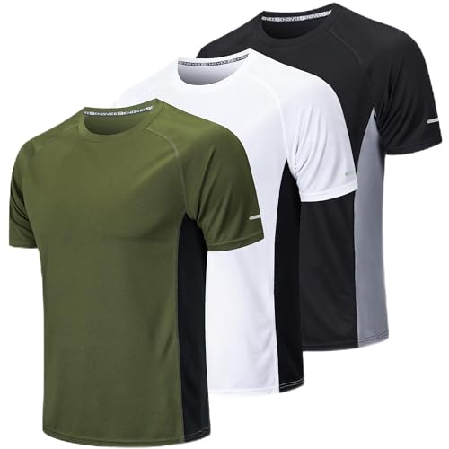 Cimic 3 Pezzi Maglietta Uomo Manica Corta T Shirt Palestra Trekking Running Maglia Traspirante Maglietta Sport Maglie Abbigliamento Estive Padel Sportiva Tshirt (20412-Black White Green-S)