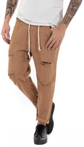 Giosal Pantalone Uomo Jeans Tinta Unita Rotture Elastico Coulisse (Camel, S)