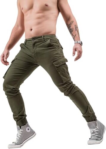 Instinct I Pantaloni Uomo Cargo con Tasche Laterali Slim Fit, Pantalone Tasconato Multi Tasca Elasticizzati Funzionale Uso Casual Outdoor Escursionismo Trekking Viaggio Avventura (46, Verde ZK-661)