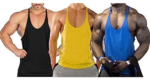 Ychnaim Canottiere da Uomo Muscle Gym Stringer per Allenamento Bodybuilding Sport Vest Racerback Cotton Color Nero+Giallo+Blu Size M