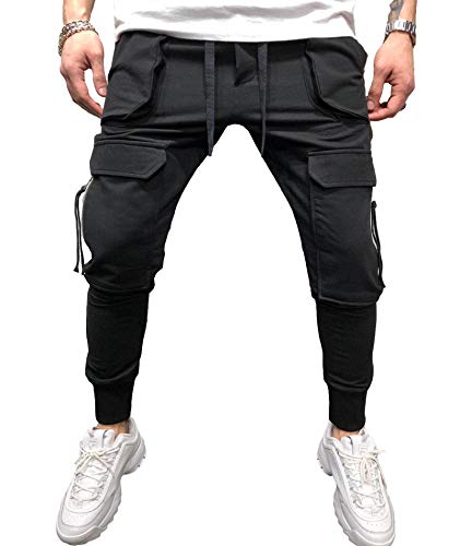 SOMTHRON Pantaloni da uomo con tasche stile cargo, in cotone, elasticizzati, sportivi e casual, vestibilità slim fit, Nero6., M