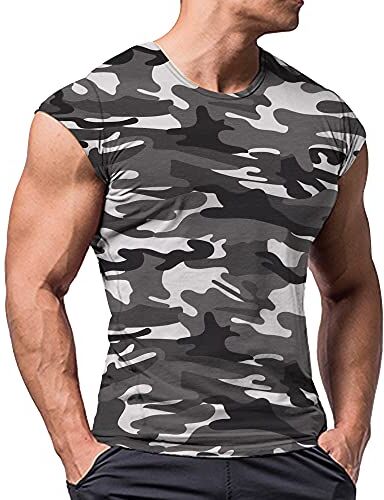 Muscle Alive Uomo Atletico Magliette Tees Corto Manica Muscolo Taglio per Bodybuilding Allenarsi Formazione Fitness Top Equipaggio Collo Cotone Nero Camo M