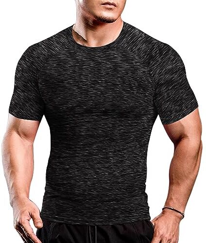 Muscle Alive Uomo Magro Stretto Compressione Livello Base Manica Corta Maglietta Bodybuilding Top Poliestere e Spandex Black with Grey XXL