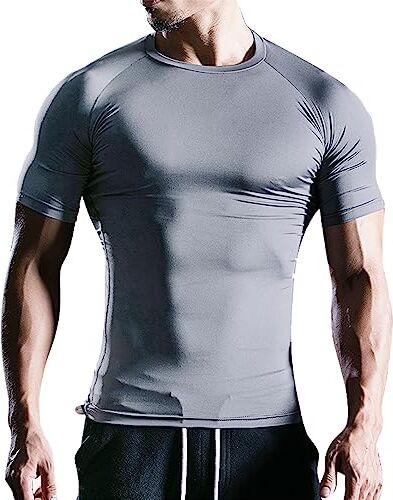 Muscle Alive Uomo Magro Stretto Compressione Livello Base Manica Corta Maglietta Bodybuilding Top Poliestere e Spandex Grigio XXL