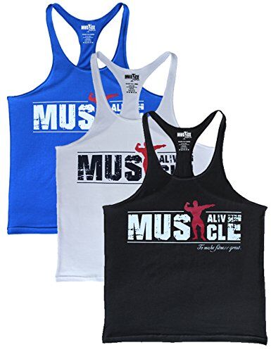 Muscle Alive Uomo Fitness sotto Maglie Sportive Canotta Bodybuilding Palestra Allenarsi Stringer Vest MA Nero+Bianca+Blu L