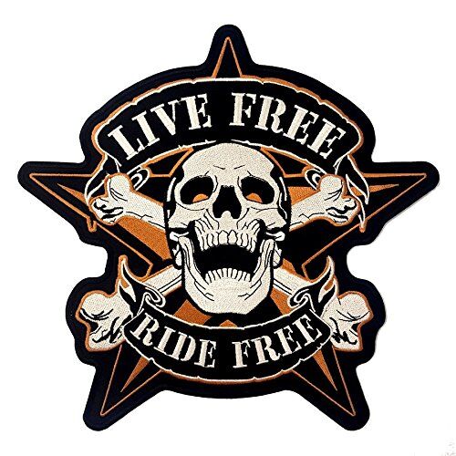 Hells-Design Patch Cranio su Stella "Live Free Ride Free" per Giacca e Gilet Motociclista