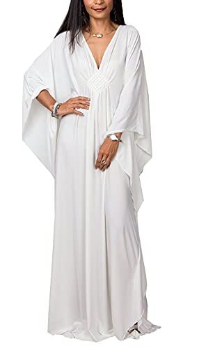 YOUKD Maxi abito lungo da donna, caffettano in stile bohémien, da spiaggia, copricostume da bagno, taglia unica, abbigliamento comodo, A bianco, Taglia unica