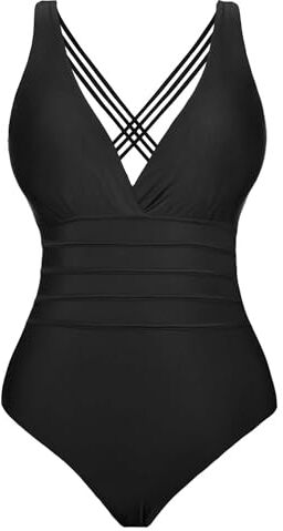 Aottori Costume Intero Donna Push Up Costume da Bagno con Scollo a V Monokini con Controllo della Pancia Beachwear Sexy Curvy per Piscina Mare Spiaggia Nero XL