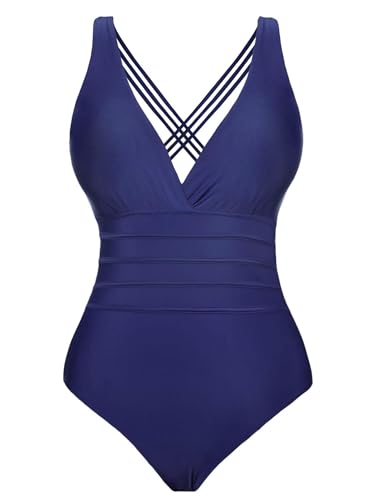 Aottori Costume Intero Donna Push Up Costume da Bagno con Scollo a V Monokini con Controllo della Pancia Beachwear Sexy Curvy per Piscina Mare Spiaggia Blu Navy L