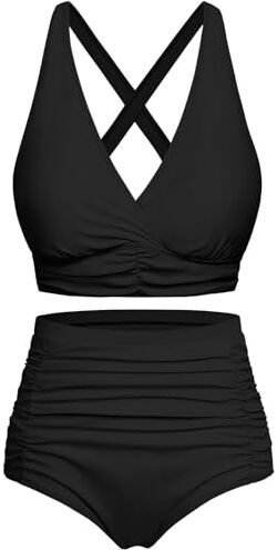 Svanco Costume da Bagno Due Pezzi Donna Top Bikini Incrociato Slip A Vita Alta E Increspato Set Bikini Push Up Donne Costumi da Bagno Nero M