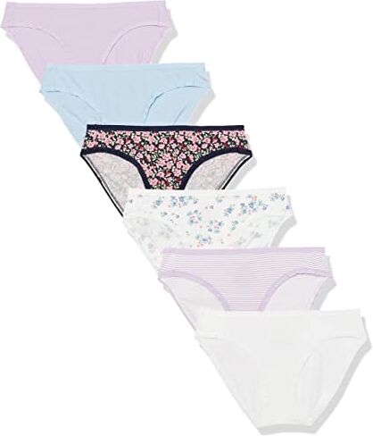 Amazon Essentials Slip Bikini in Cotone (Disponibile in Taglie Forti) Donna, Pacco da 6, Multicolore/Floreale/Motivo Piccolo/Righe, 48