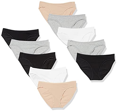 Amazon Essentials Slip Bikini in Cotone (Disponibile in Taglie Forti) Donna, Pacco da 10, Bianco/Grigio Puntinato/Nero/Rosa Chiaro, 50