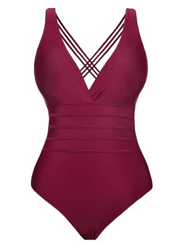 Aottori Costume Intero Donna Push Up Costume da Bagno con Scollo a V Monokini con Controllo della Pancia Beachwear Sexy Curvy per Piscina Mare Spiaggia Vino Rosso L