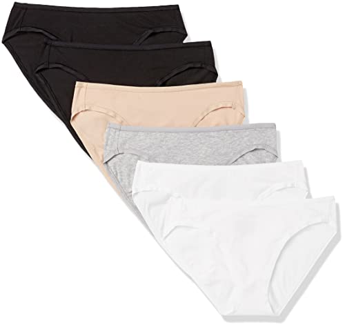 Amazon Essentials Slip Bikini in Cotone (Disponibile in Taglie Forti) Donna, Pacco da 6, Bianco/Grigio Puntinato/Nero/Rosa Chiaro, 48