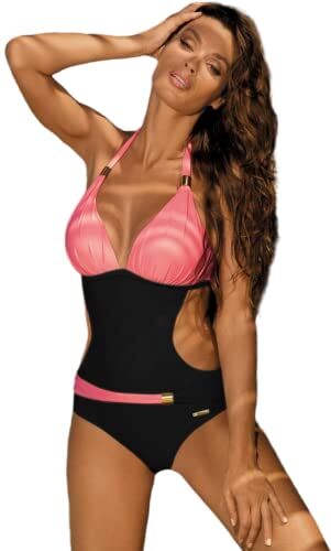 JFAN Costume da Bagno Donna Estivo con Scollo A V Bikini alla Moda di Un Pezzo Blocco di Colore Slim Halter Siamese Senza Schienale Costume da Bagno Nero XXL