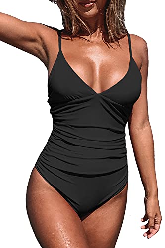 CUPSHE Costume da bagno da donna a triangolo con scollo a V, a strisce, tinta unita, drappeggio sull’addome, Nero , XXL