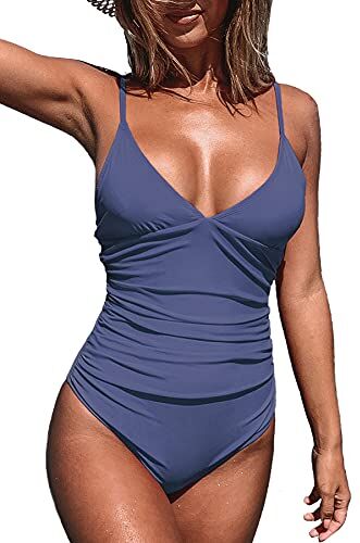 CUPSHE Costume Intero da Donna Tummy Control V Neck Costumi da Bagno, Blu Scuro, S