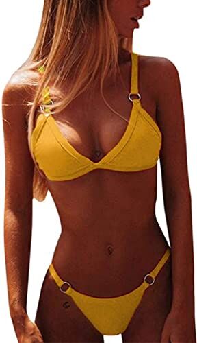 CheChury Costumi da Bagno Donna Mare Bikini Due Pezzi Push-up Reggiseno Imbottito Sportivi Bikini Brasiliano Triangolo Sexy Perizoma Soft Spiaggia,Giallo,L