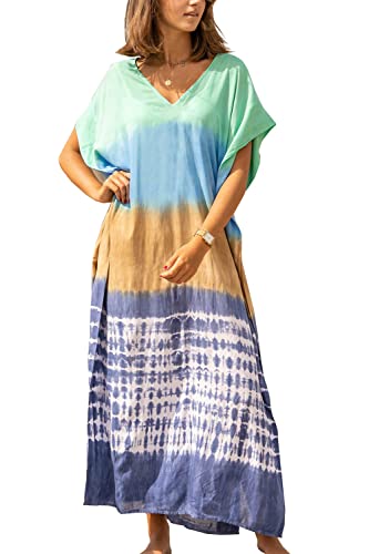 YOUKD Maxi abito lungo da donna, caffettano in stile bohémien, da spiaggia, copricostume da bagno, taglia unica, abbigliamento comodo, Verde Giallo Blu, Taglia unica