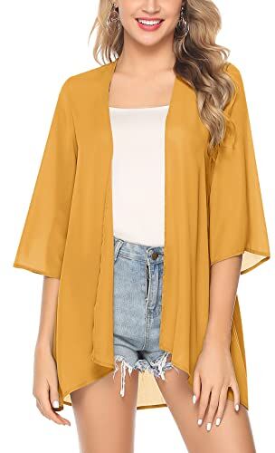 Irevial Kimono Cardigan Donna Estivo Chiffon Elegante Copricostume da Mare Scialle Allentato Camicetta Casual Top da Spiaggia Adatto per Costumi da Bagno Giallo XL